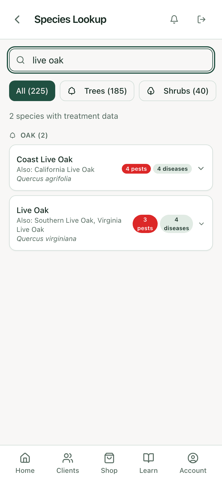 PHC Rx species lookup results for live oak: each matching species with its pest and disease counts, ready to open for the specified treatments
