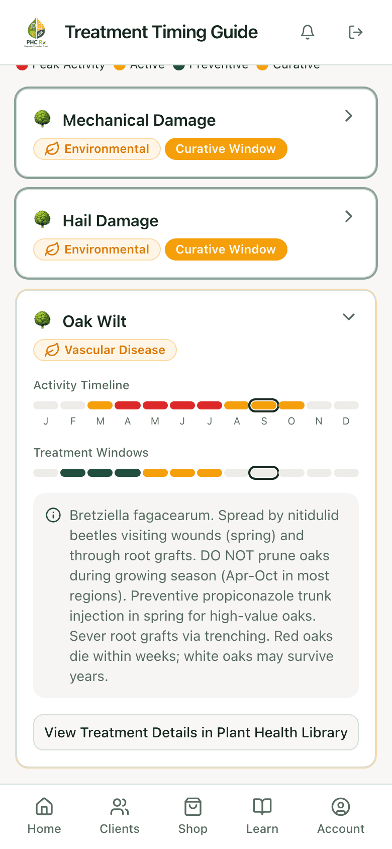PHC Rx treatment timing guide entry for oak wilt expanded: activity timeline by month, treatment windows, and the no-pruning note