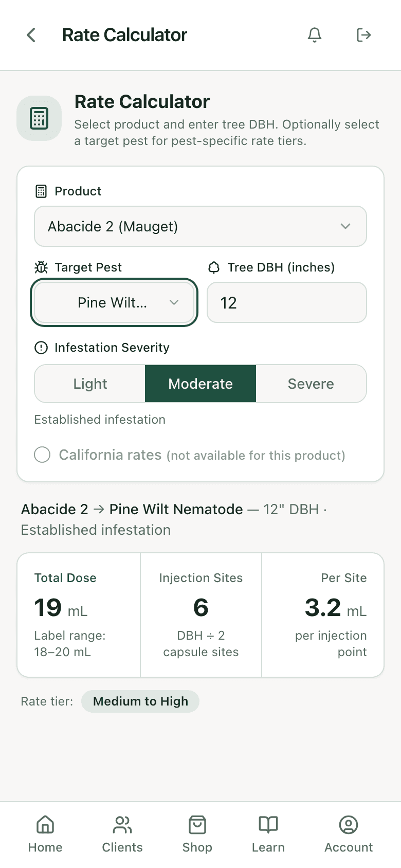 PHC Rx rate calculator: Abacide 2 on a 12 inch Scots pine for pine wilt, total dose, capsule count, and label range