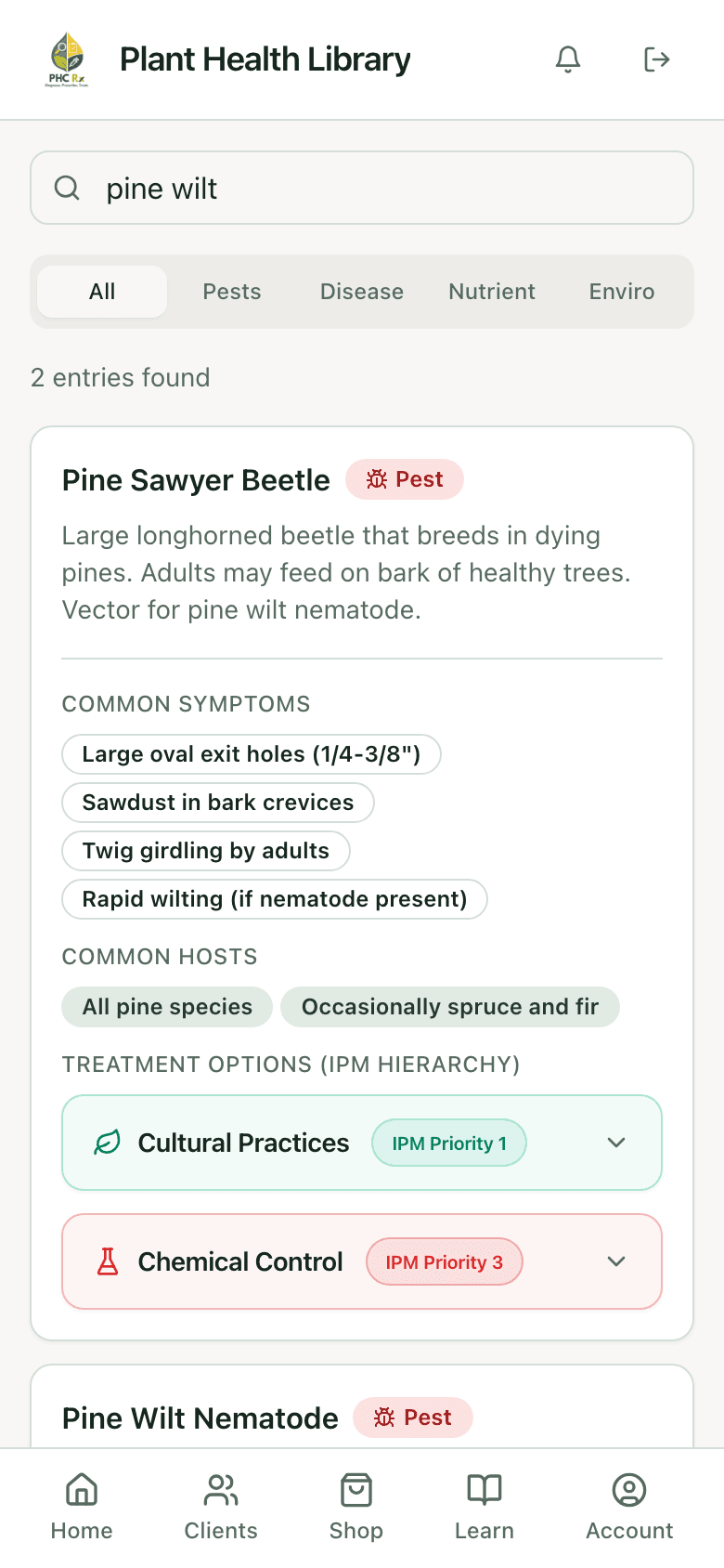 PHC Rx plant health library entry for pine wilt nematode: description, common symptoms, common hosts, and treatment options in IPM order