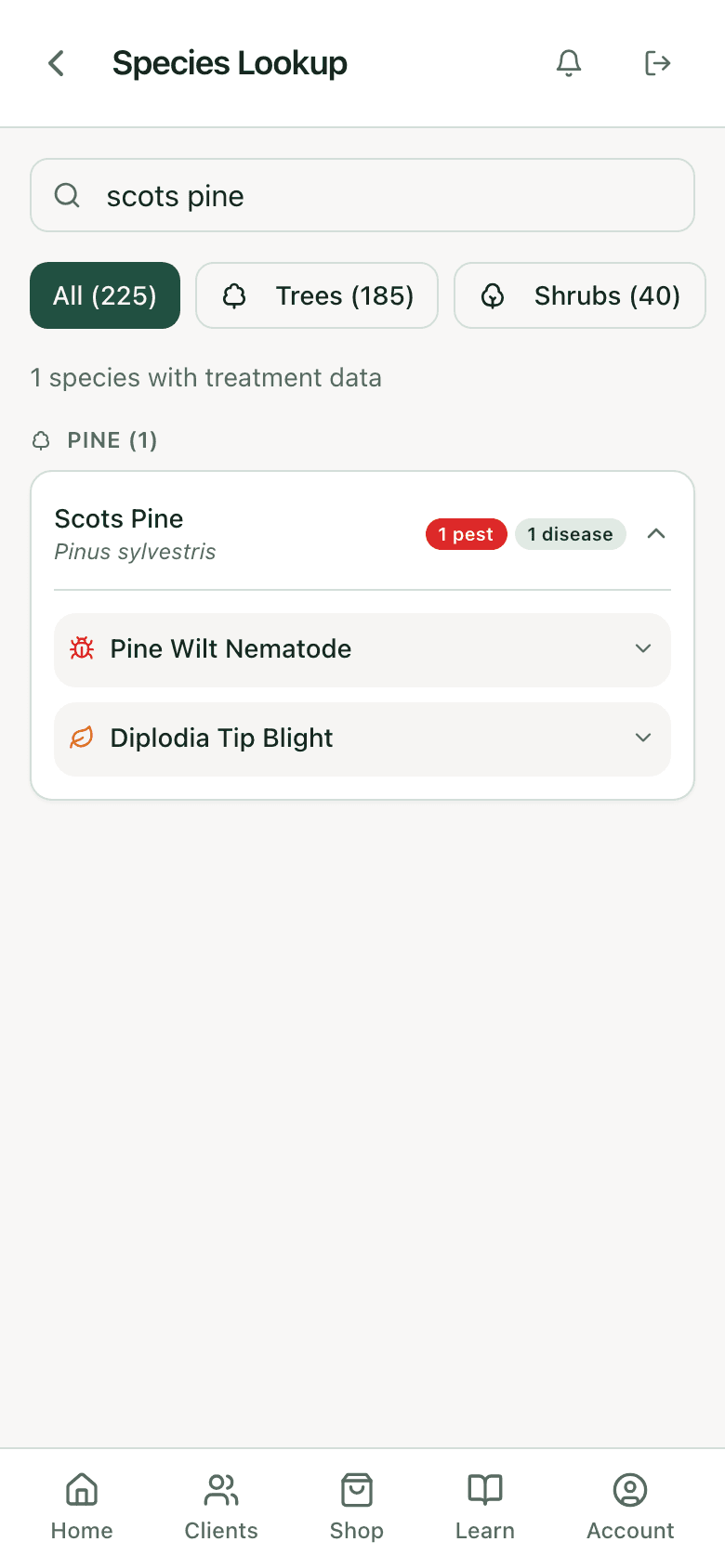 PHC Rx species lookup results for Scots pine: the species card with its pest and disease counts, ready to open for the specified treatments