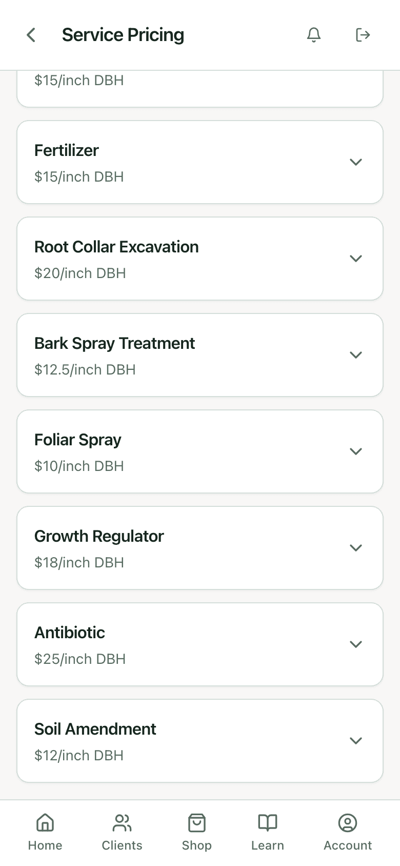 PHC Rx service pricing list continued: fertilizer 15, root collar excavation 20, bark spray 12.50, foliar spray 10, growth regulator 18, antibiotic 25, soil amendment 12 dollars per inch