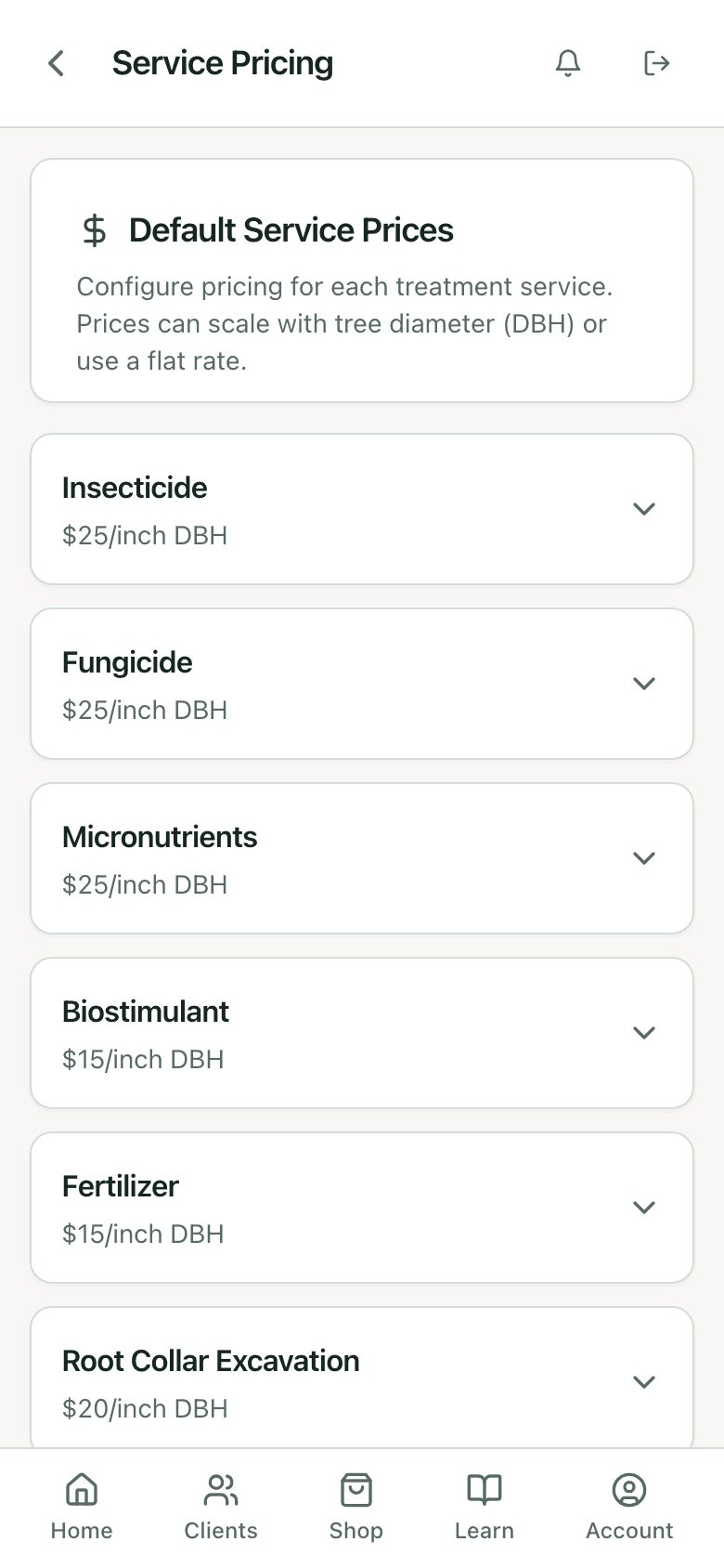 PHC Rx service pricing screen: default service prices per inch of DBH, insecticide and fungicide injection at 25 dollars, biostimulant and fertilizer at 15, root collar excavation at 20