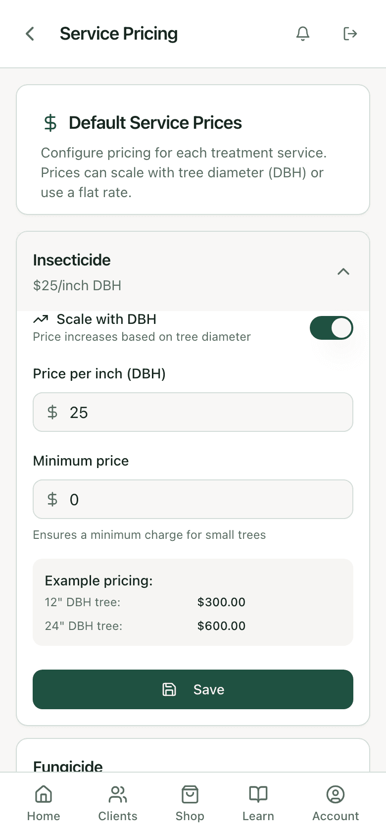 PHC Rx service pricing row for insecticide injection expanded, showing the per-inch rate, minimum, and flat-rate option