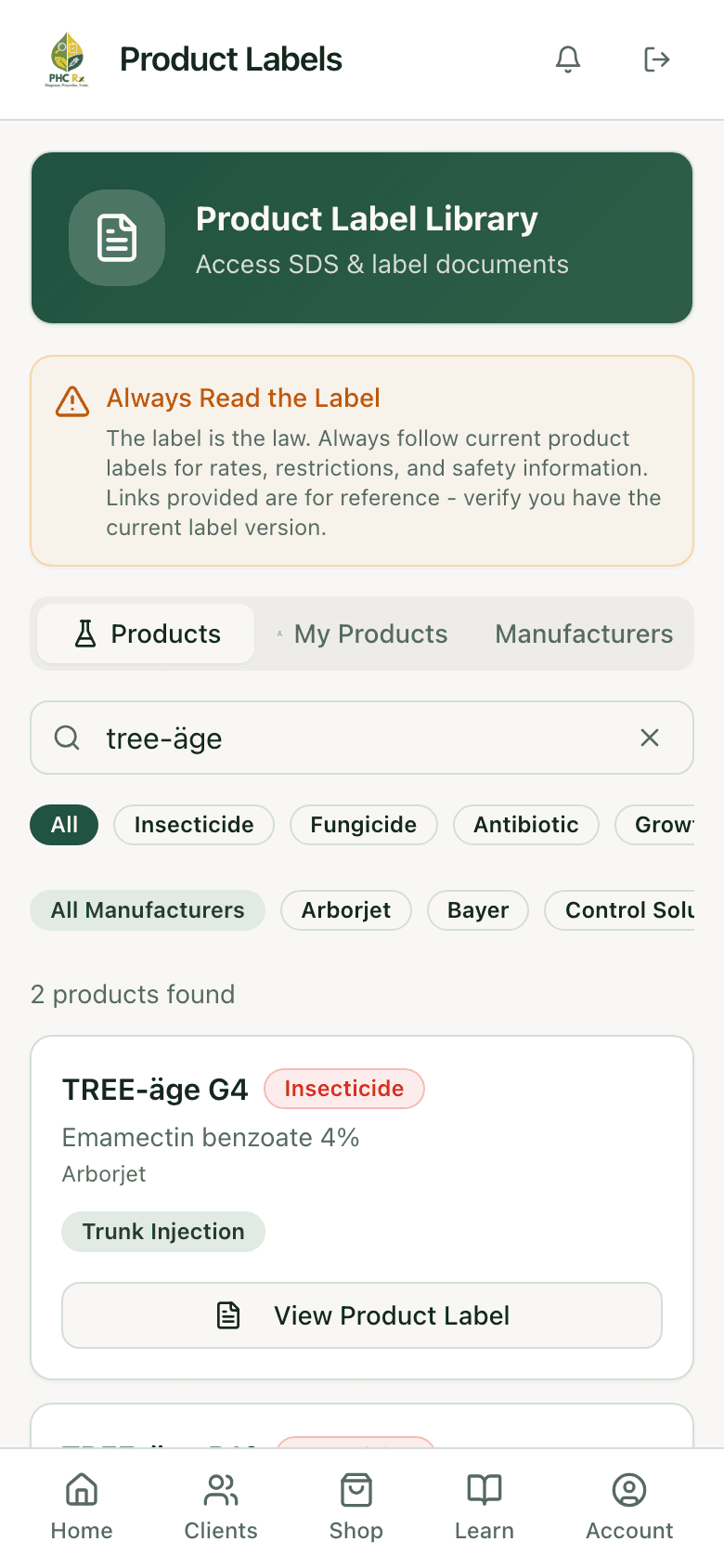 PHC Rx product label entry for TREE-äge G4: active ingredient, EPA registration number, application methods, and the label link