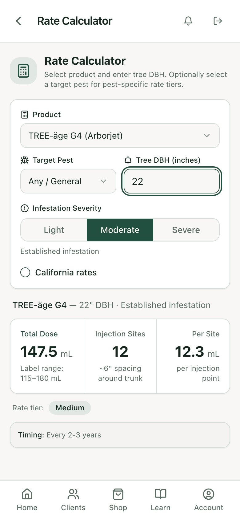PHC Rx rate calculator: TREE-äge G4 on a 22 inch ash, 147.5 mL total dose across 12 injection sites