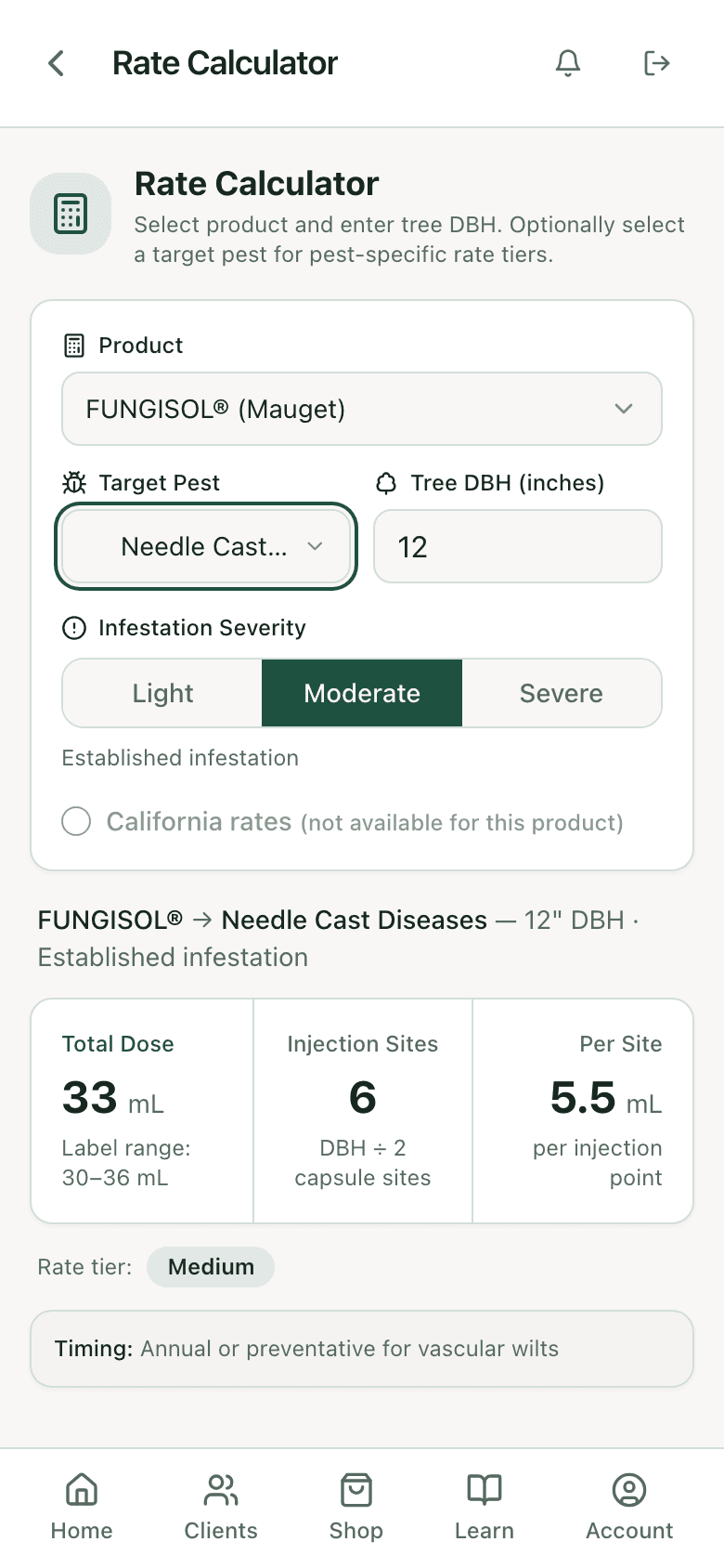 PHC Rx rate calculator: FUNGISOL on a 12 inch Colorado blue spruce for rhizosphaera needle cast, total dose, capsule count, and label range