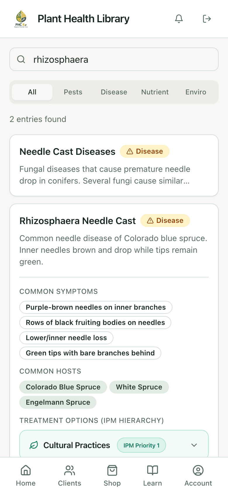 PHC Rx plant health library entry for rhizosphaera needle cast: description, common symptoms, common hosts, and treatment options in IPM order