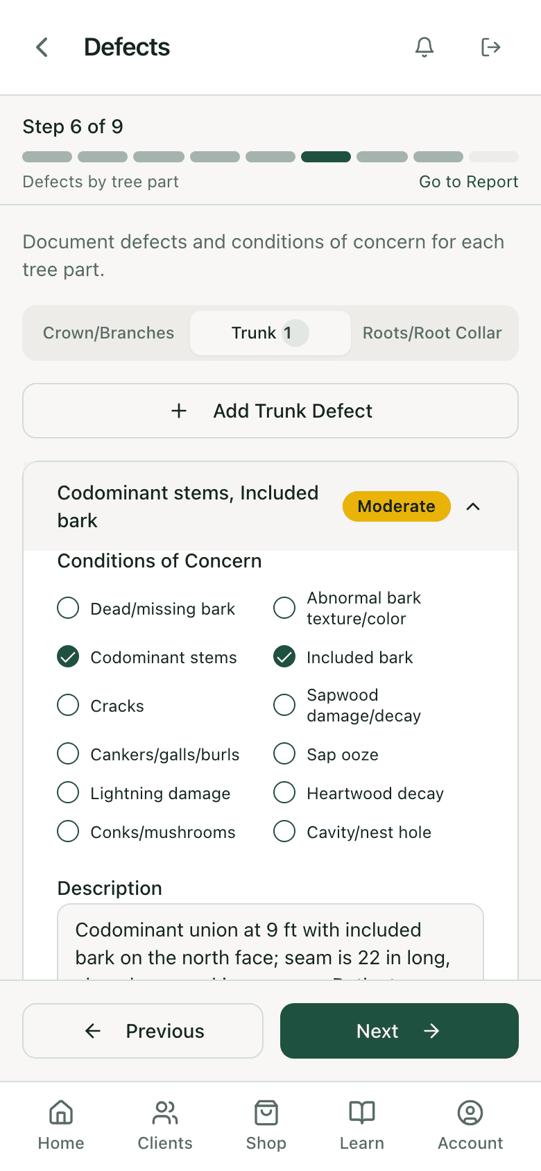 Trunk defect record with conditions of concern, description, and a Moderate rating, the source for the report narrative