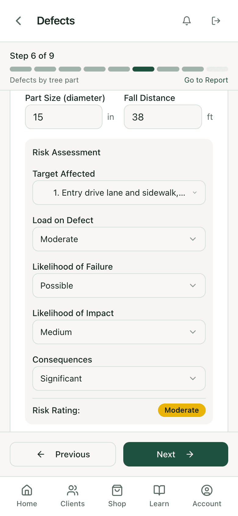 Step 7 of 9, categorization: a codominant stem with included bark, likelihood of failure probable, impact medium, consequences significant, risk rating high
