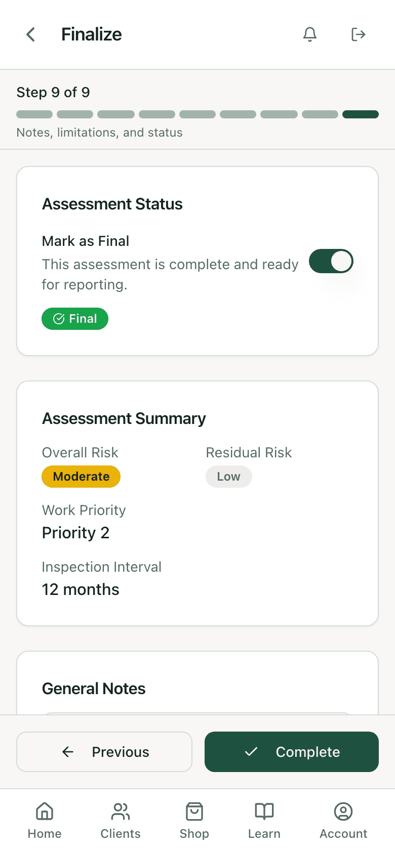 Risk assessment finalize step marked final with the summary: overall risk Moderate, residual risk Low, work priority 2, inspection interval 12 months