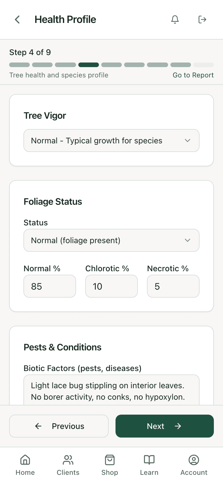 Health profile: biotic factors, abiotic conditions, and species failure profile with branches and trunk checked