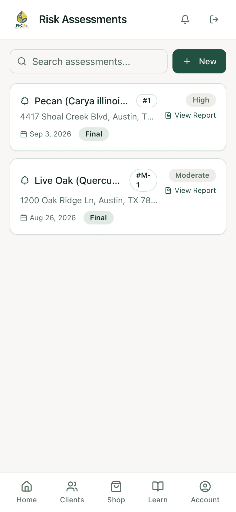 Risk assessments list showing a Pecan rated High and a Live Oak rated Moderate, both final
