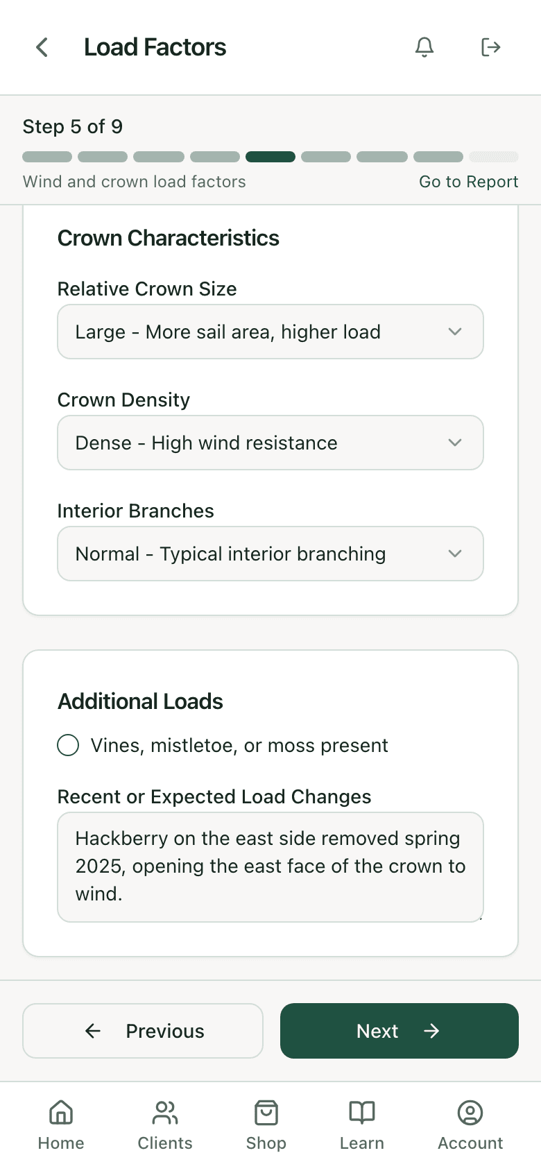 Load factors step: relative crown size Large, crown density Dense, interior branches Normal, recent load change noting a removed hackberry on the east side