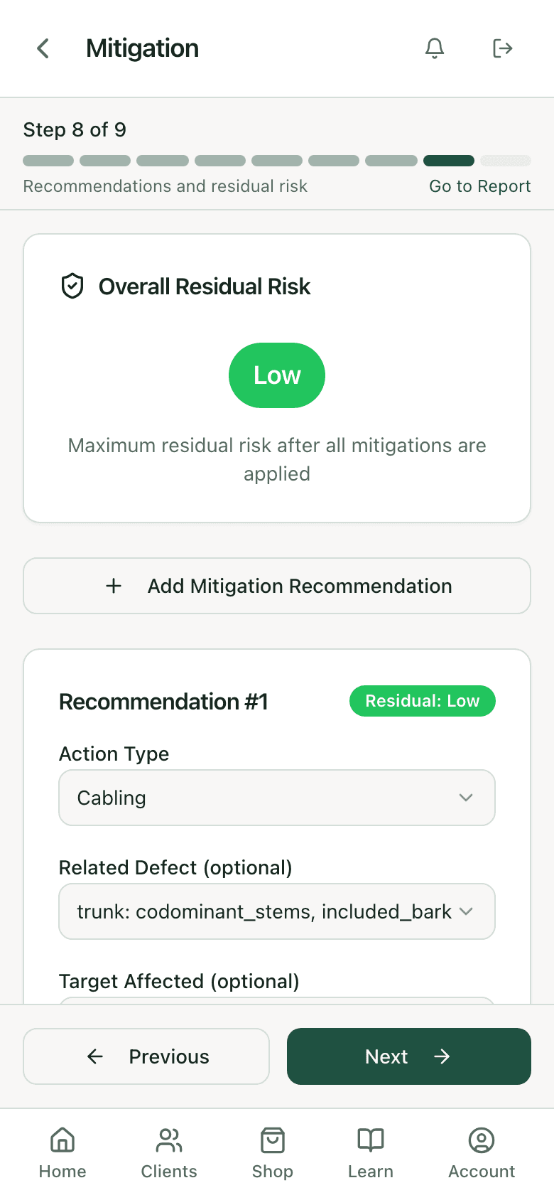 Mitigation step: overall residual risk Low, recommendation 1 cabling related to the trunk defect