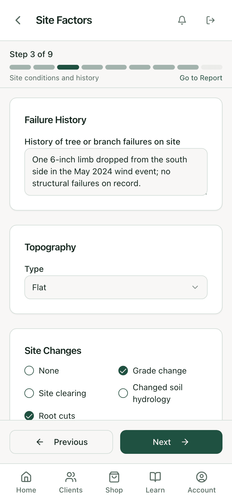 Site factors: failure history text, topography Flat, site changes grade change and root cuts checked