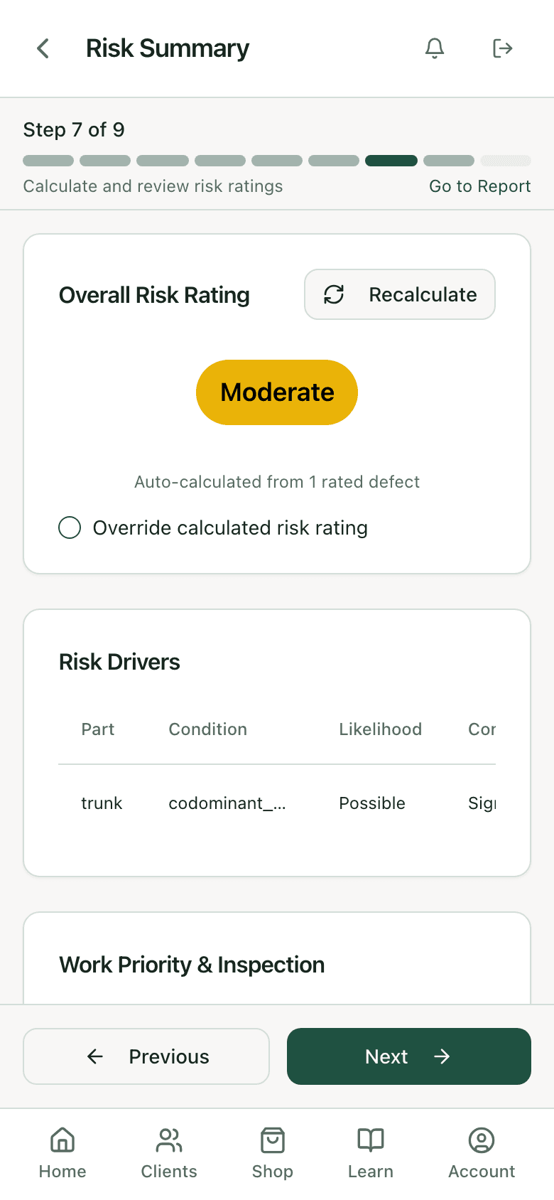 PHC Rx risk summary step: overall risk rating Moderate, auto-calculated from one rated defect, with the risk drivers table showing trunk, codominant stems, likelihood Possible