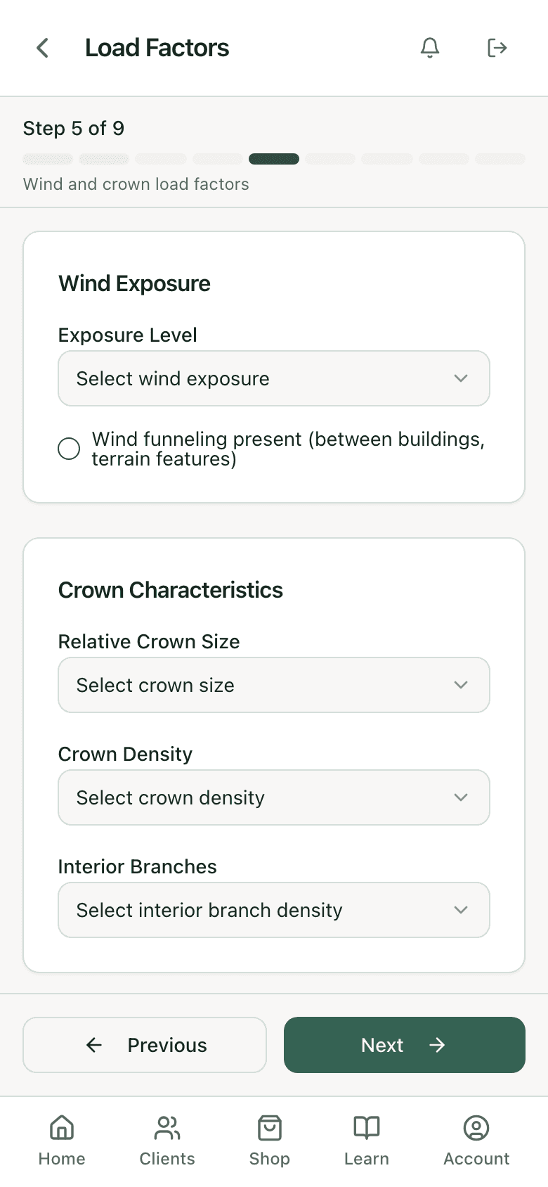 Step 5 of 9 in the PHC Rx tree risk assessment wizard, covering wind exposure and crown characteristics
