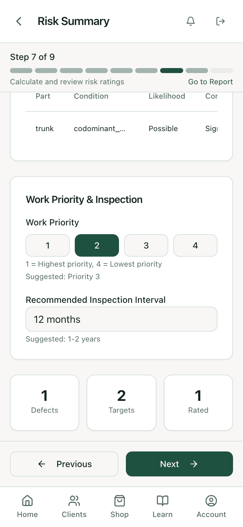 Work priority and inspection section: priority 2 selected, suggested priority 3, recommended inspection interval 12 months, counters for 1 defect, 2 targets, 1 rated