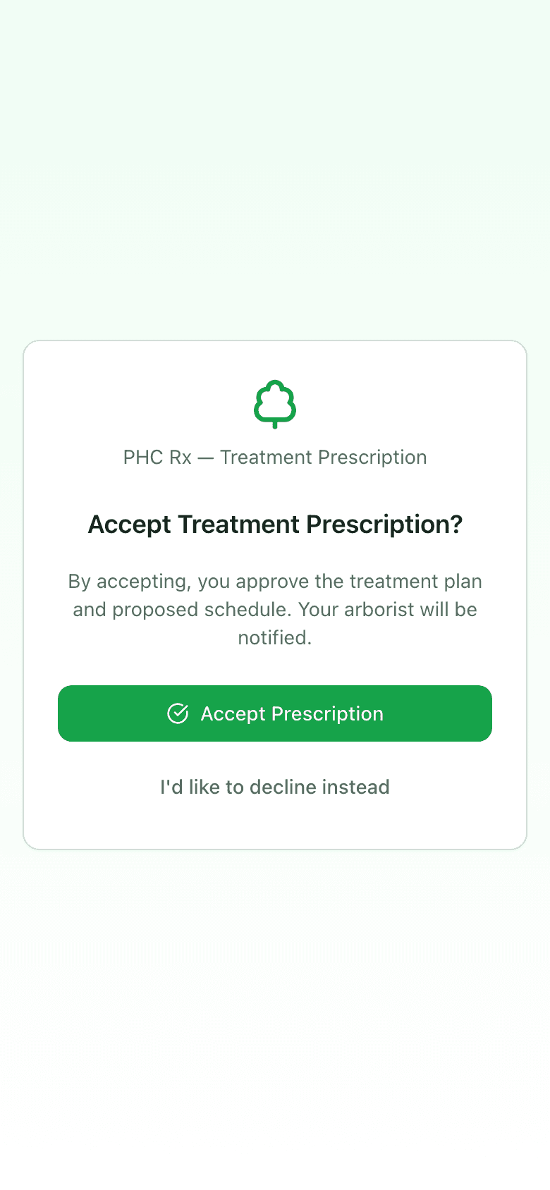 Client-facing accept page: Accept Treatment Prescription, a note that accepting approves the plan and proposed schedule, an Accept Prescription button, and a decline link