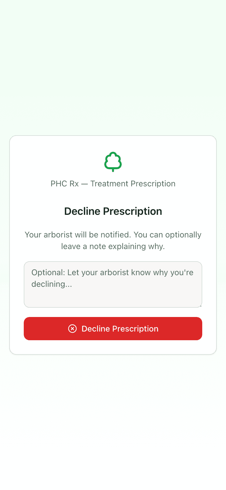 Client decline page with an optional note field and a Decline Prescription button
