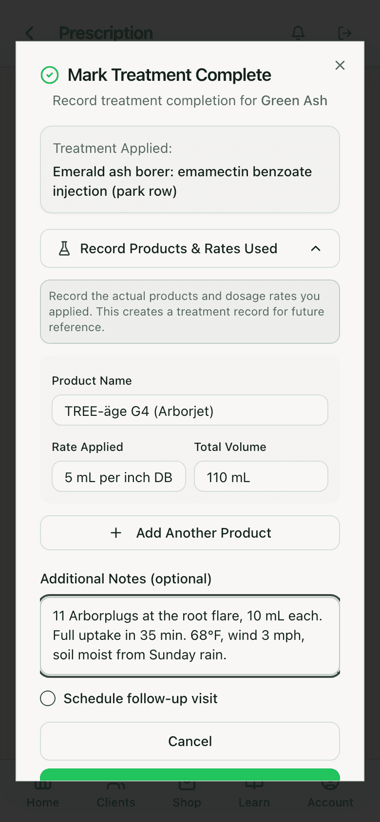 Mark treatment complete dialog with product, rate applied, total volume, and notes