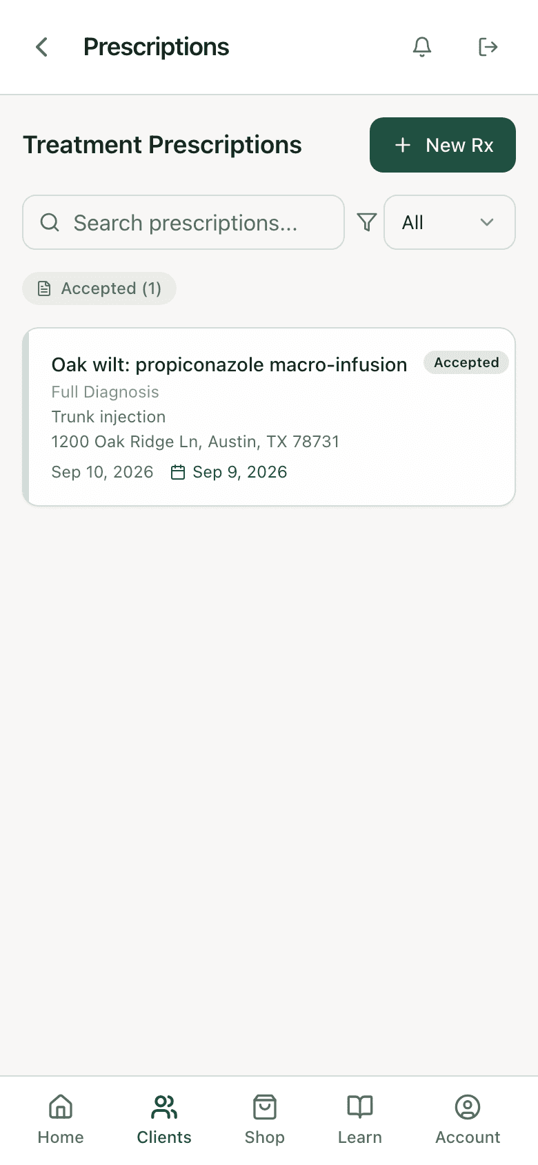 Prescriptions list for a live oak with one accepted oak wilt propiconazole macro-infusion prescription