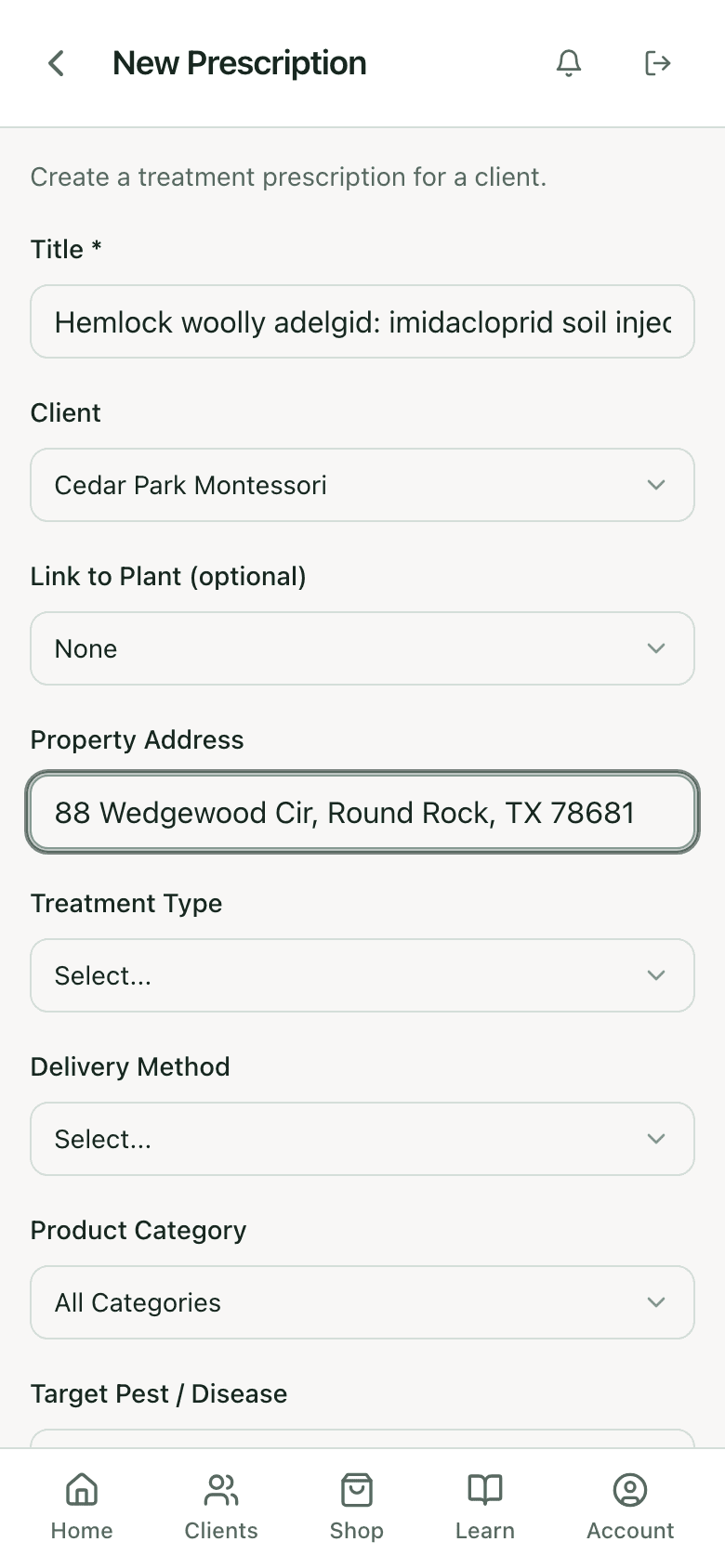 New prescription form with title hemlock woolly adelgid imidacloprid soil injection, client Cedar Park Montessori, a property address, and selectors for treatment type, delivery method, and product category
