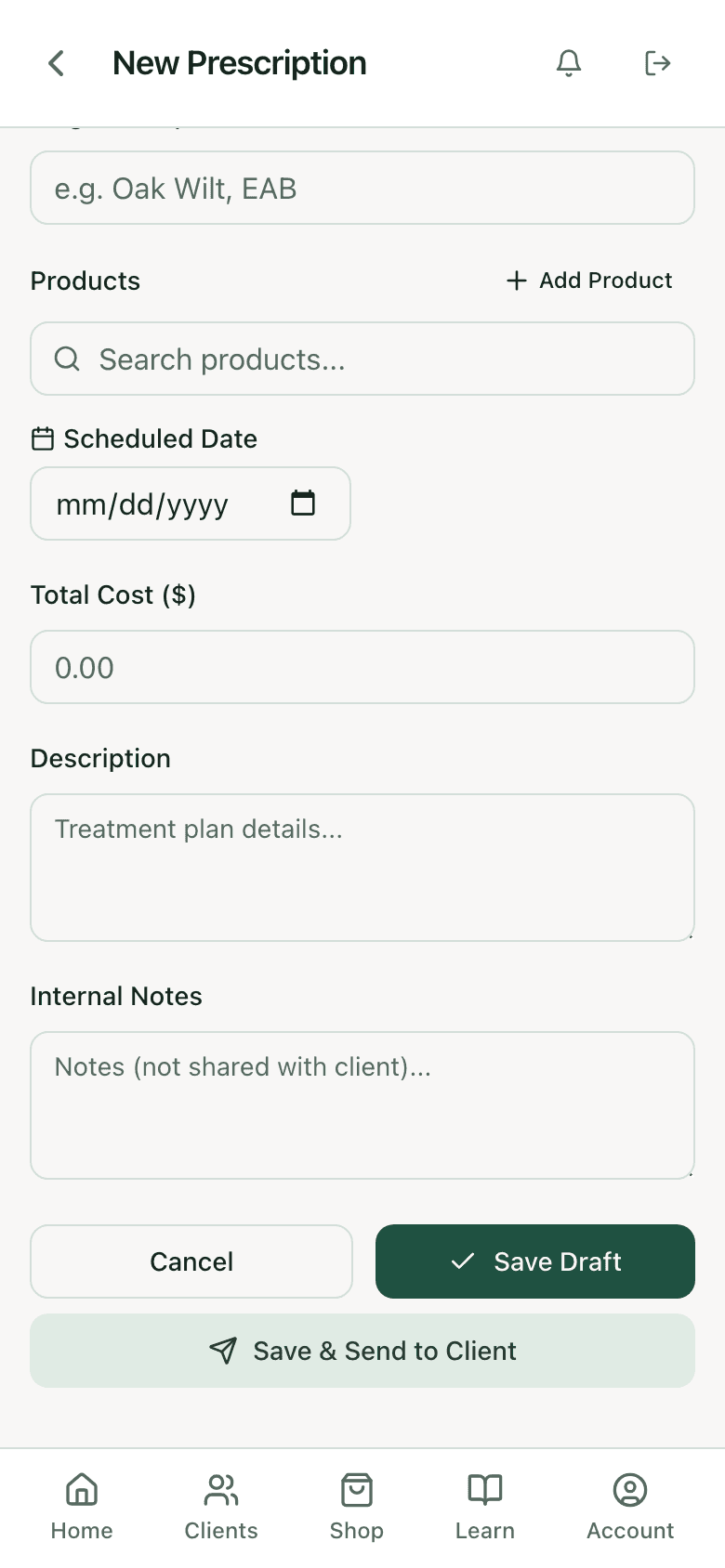 Lower half of the new prescription form: products search, scheduled date, total cost, description, internal notes, and Save Draft and Save and Send to Client buttons