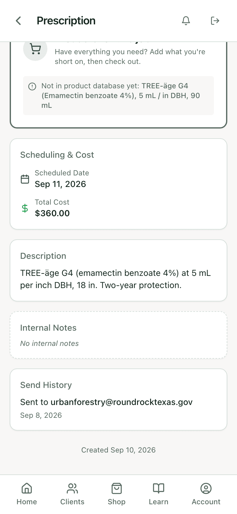 Sent prescription record: scheduled date, total cost 360 dollars, description, internal notes, and send history to a city parks email on Sep 8