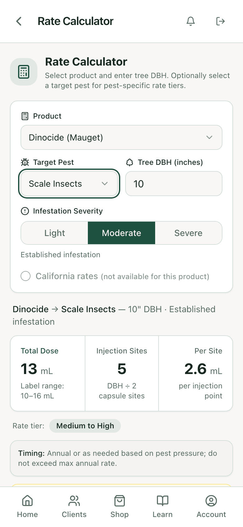 PHC Rx rate calculator: Dinocide on a 10 inch magnolia for scale insects, total dose, capsule count, and label range
