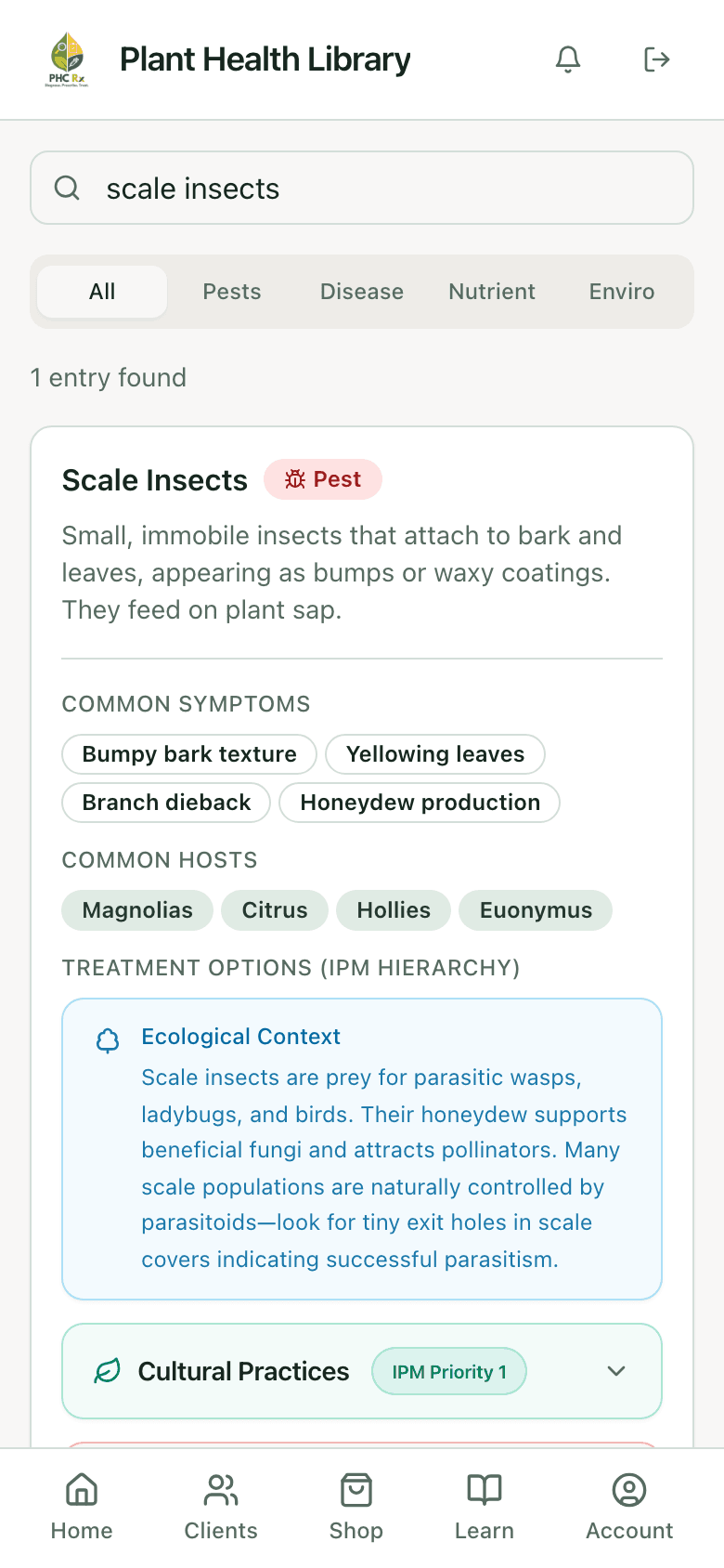 PHC Rx plant health library entry for scale insects: description, common symptoms, common hosts, and treatment options in IPM order