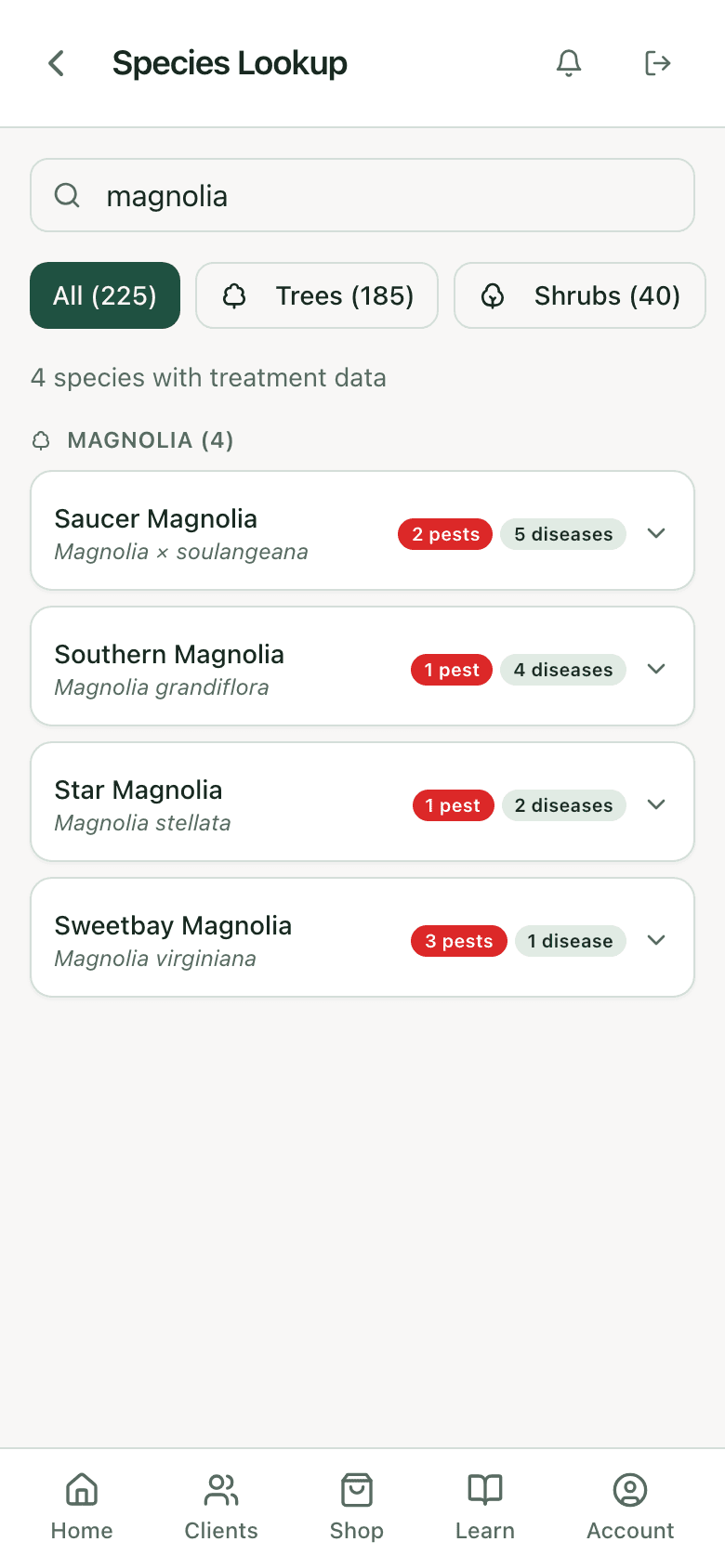 PHC Rx species lookup results for magnolia: the species card with its pest and disease counts, ready to open for the specified treatments