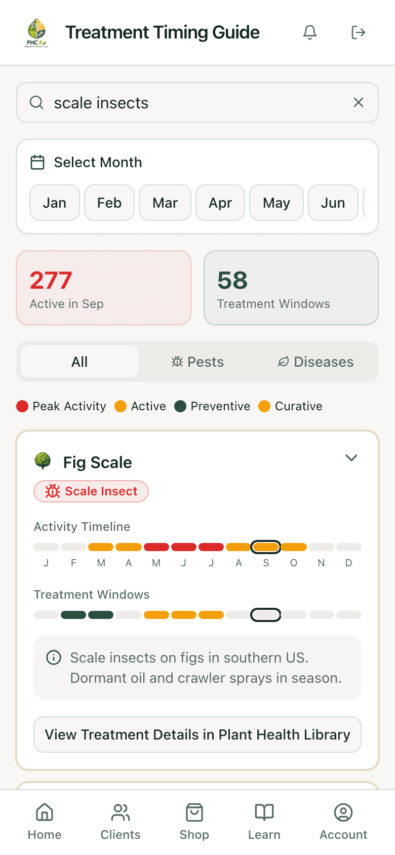 PHC Rx treatment timing guide entry for scale insects expanded: activity timeline by month, dormant oil and crawler windows, and the timing notes