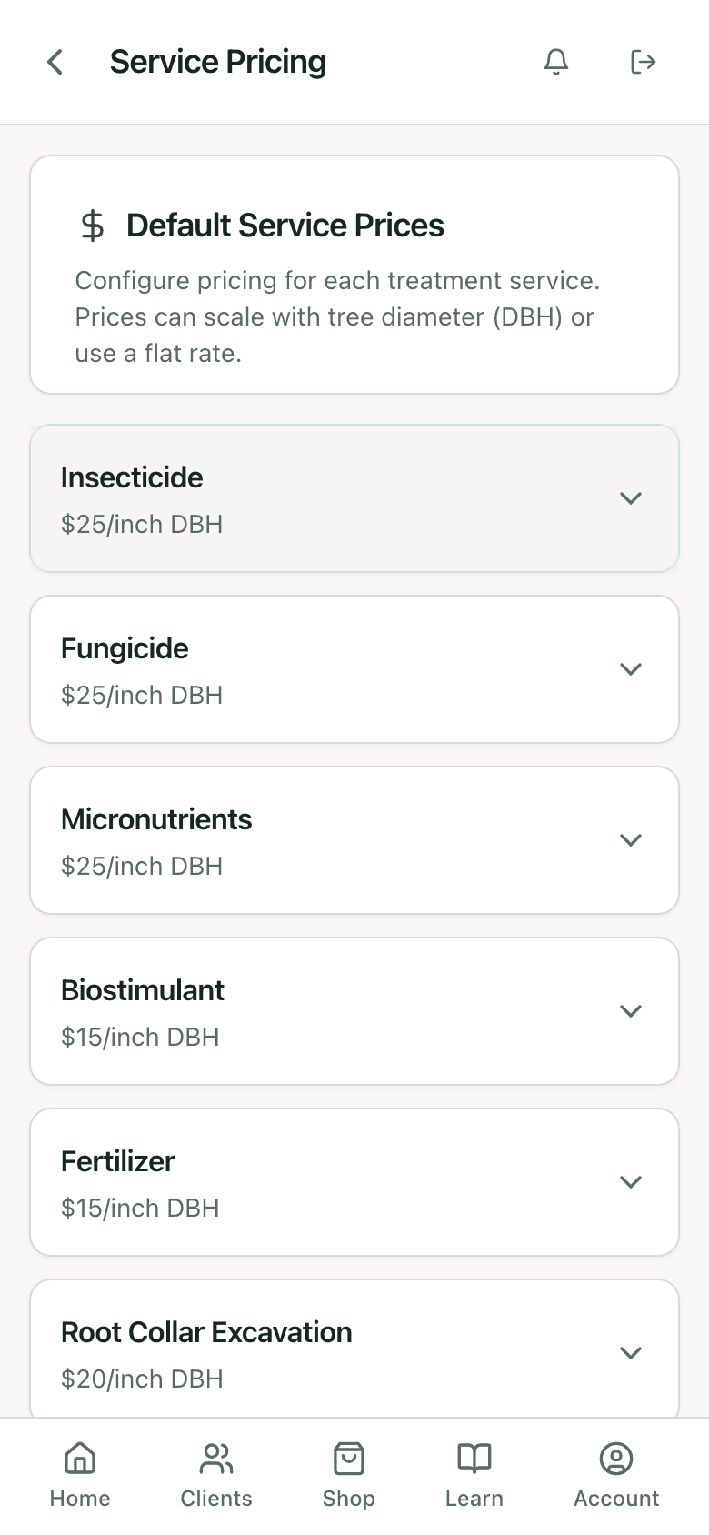 PHC Rx service pricing screen with default service types priced per inch of DBH
