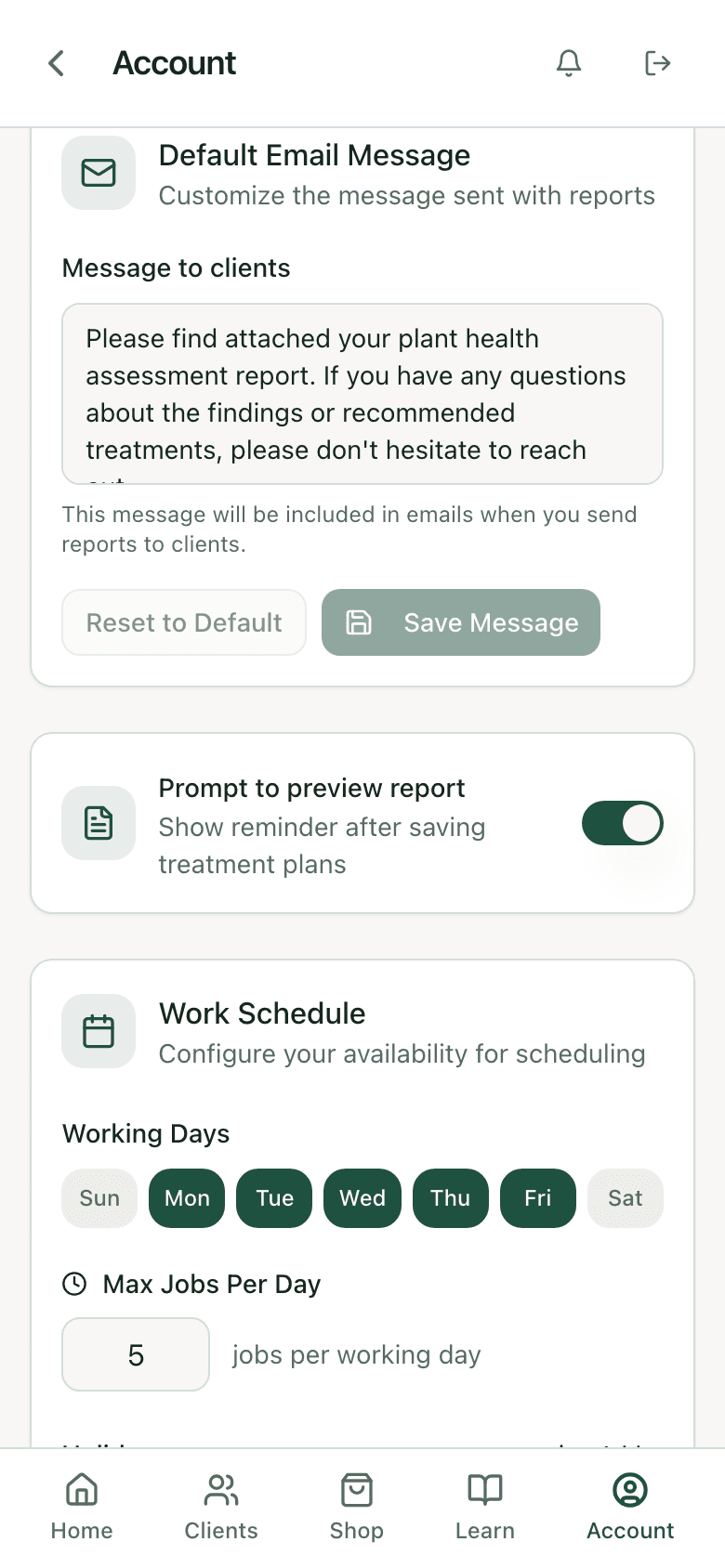 Default email message setting with editable text sent to clients with reports, plus a prompt to preview report toggle