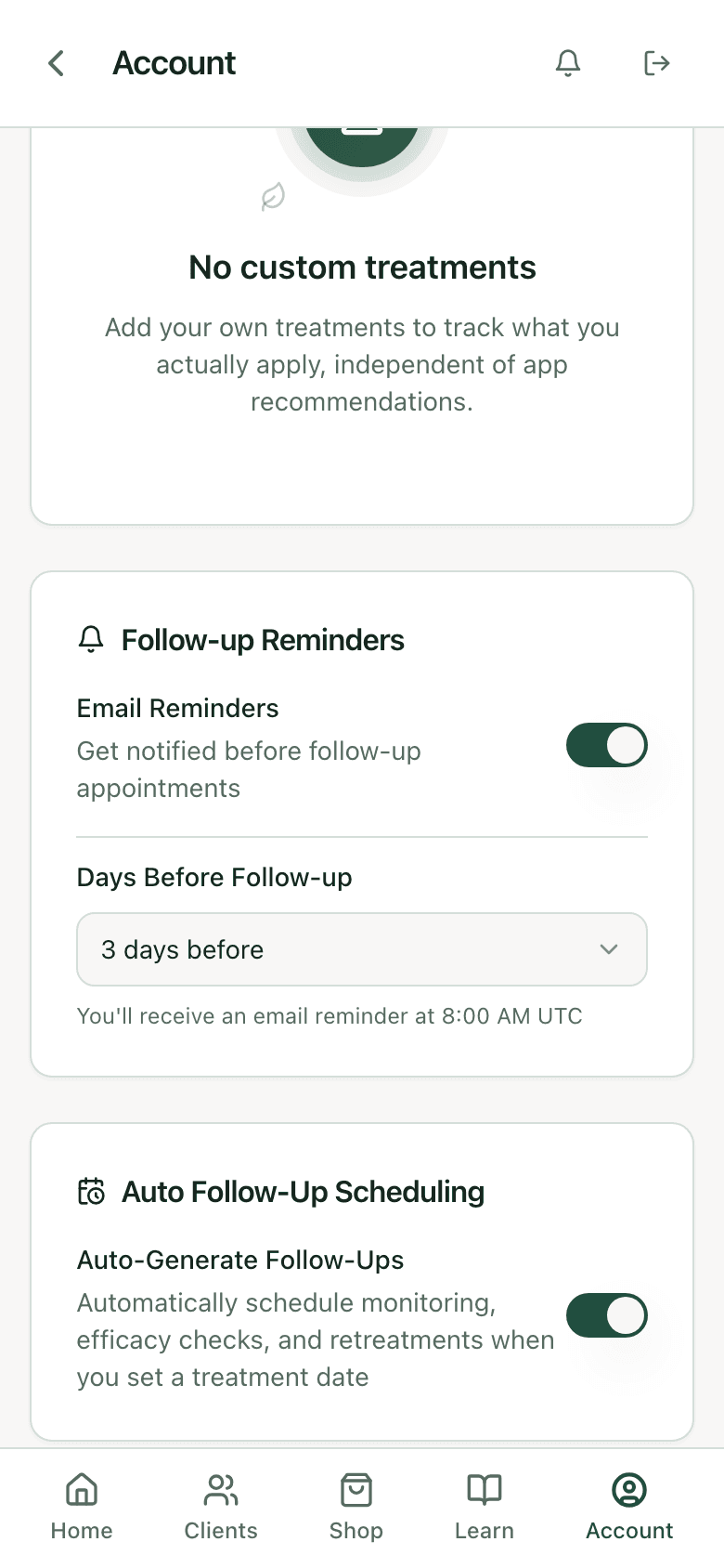 Settings: follow-up reminders on with three days before, and auto follow-up scheduling on for monitoring, efficacy checks, and retreatments