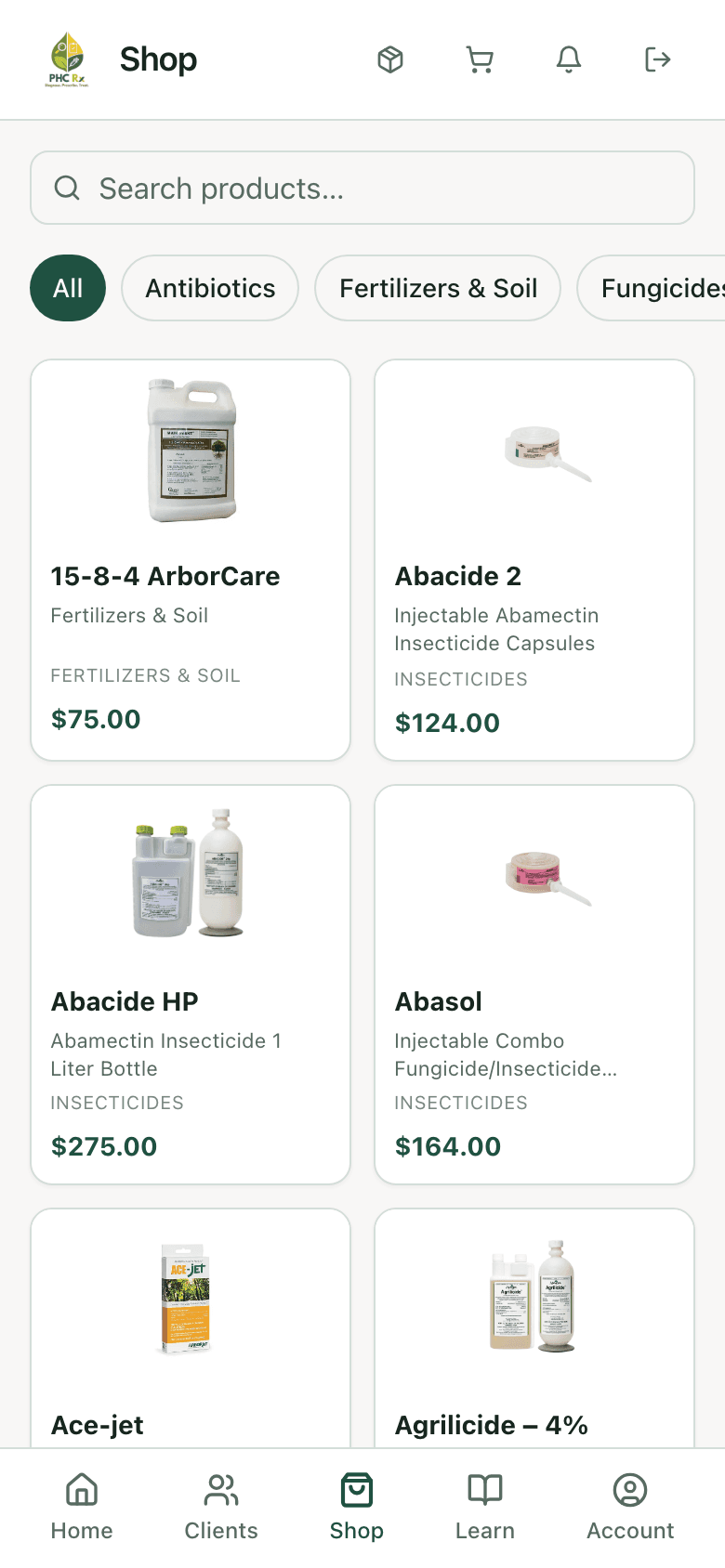 PHC Rx in-app shop with treatment products and prices