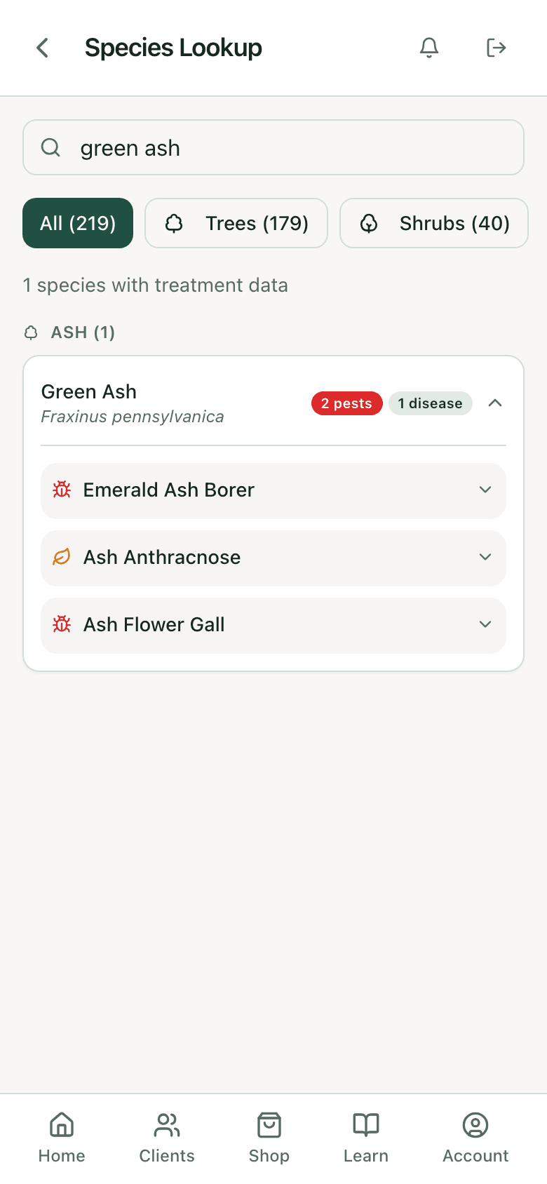 Species lookup entry for Green Ash listing its known vulnerabilities