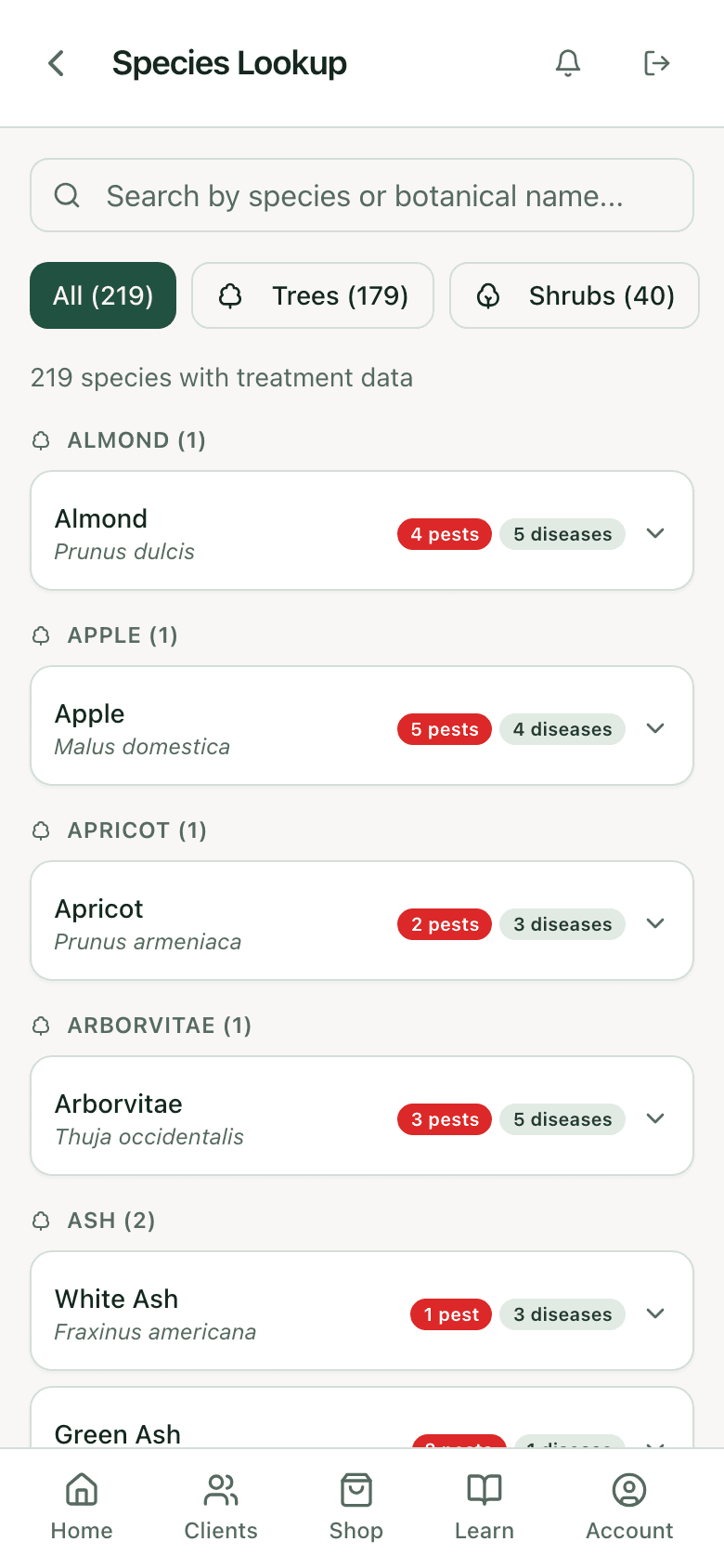 PHC Rx species lookup listing tree species with their vulnerabilities