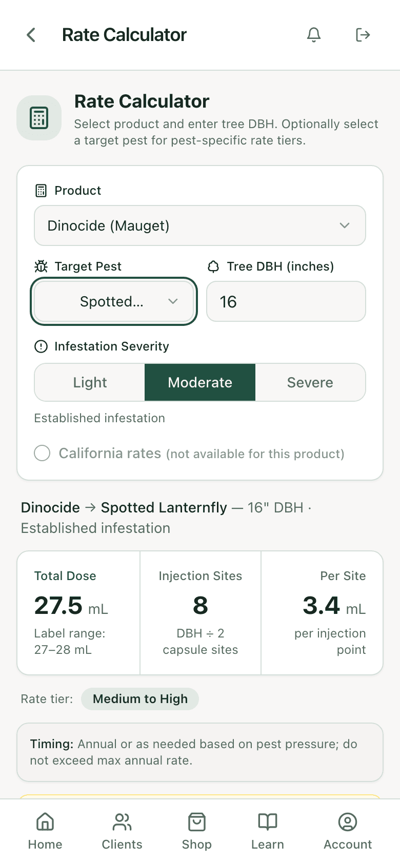 PHC Rx rate calculator: Dinocide on a 16 inch red maple for spotted lanternfly, total dose, capsule count, and label range
