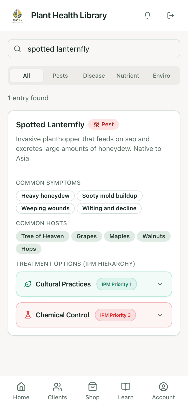 PHC Rx plant health library entry for spotted lanternfly: description, common symptoms, common hosts, and treatment options in IPM order