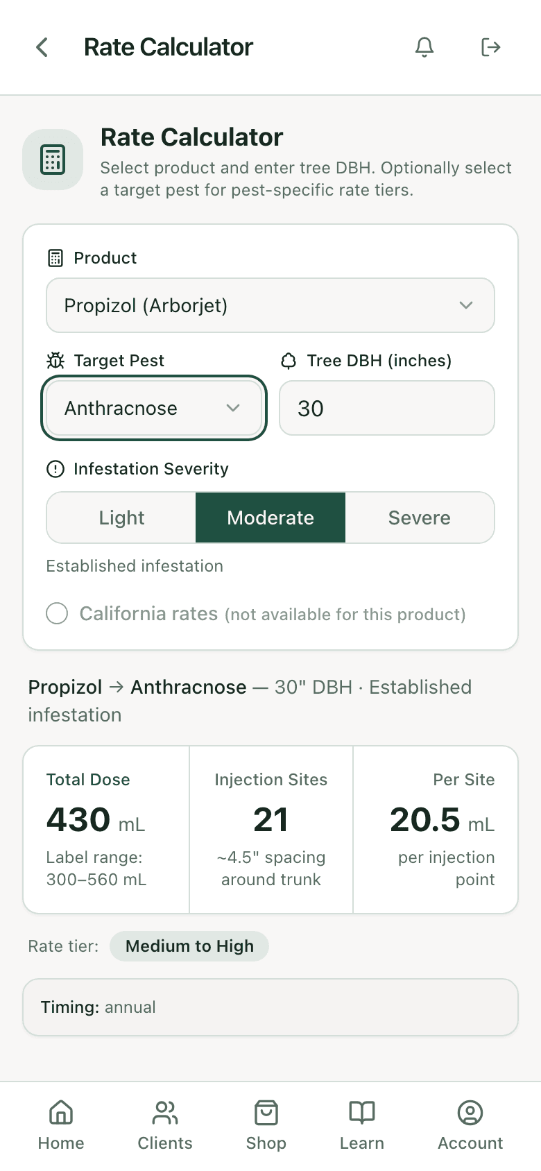 PHC Rx rate calculator: Propizol on a 30 inch sycamore for anthracnose, total dose, injection sites, and label range