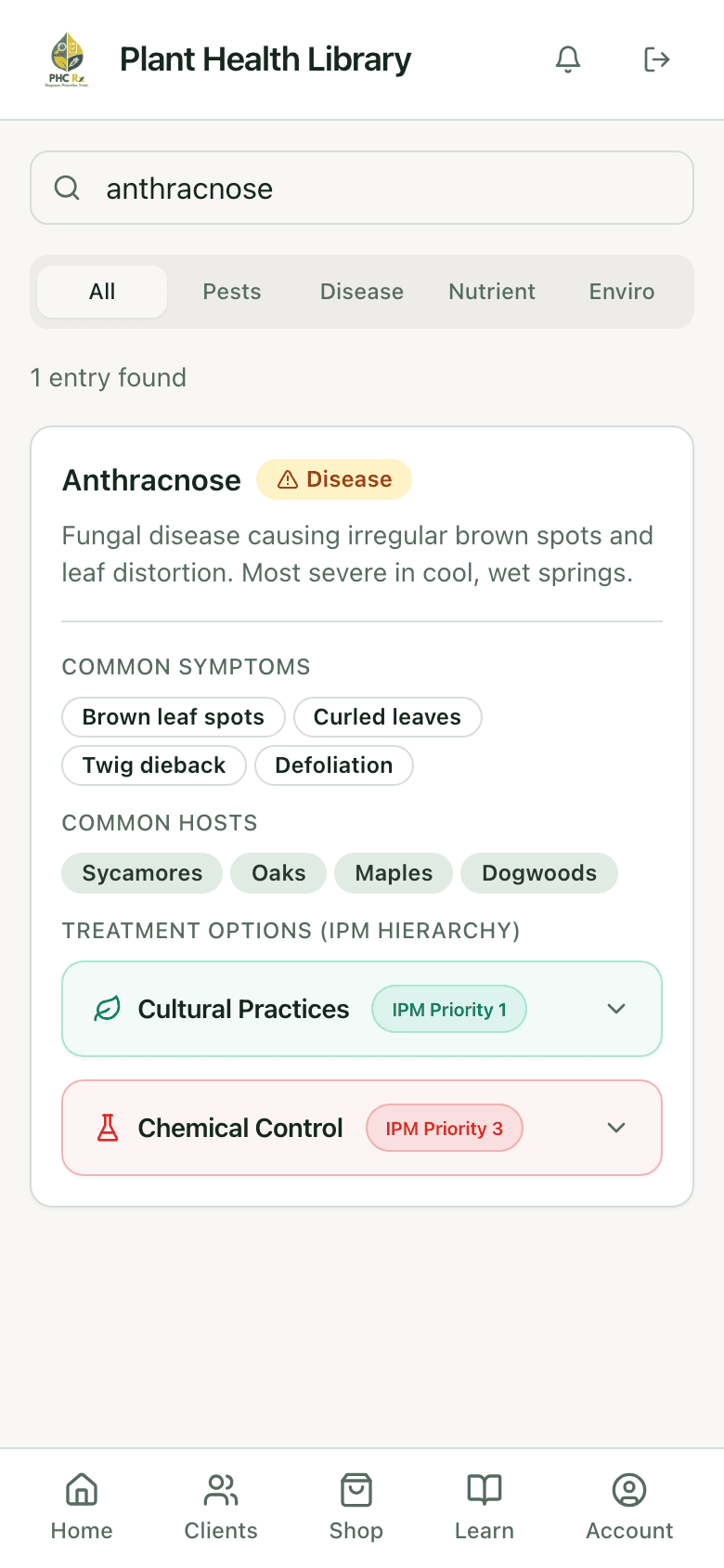 PHC Rx plant health library entry for anthracnose: description, common symptoms, common hosts, and treatment options in IPM order