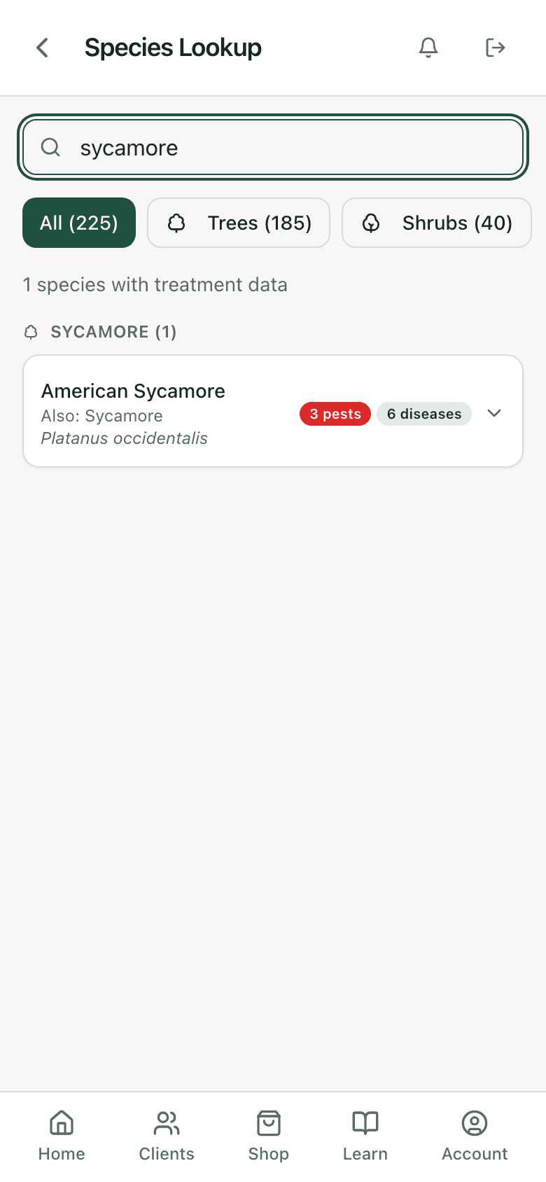 PHC Rx species lookup results for sycamore: each matching species with its pest and disease counts, ready to open for the specified treatments