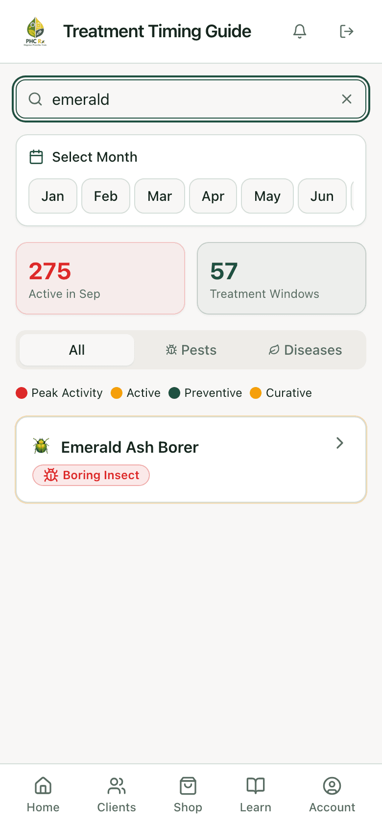 PHC Rx treatment timing guide filtered to emerald ash borer, showing active months and treatment windows