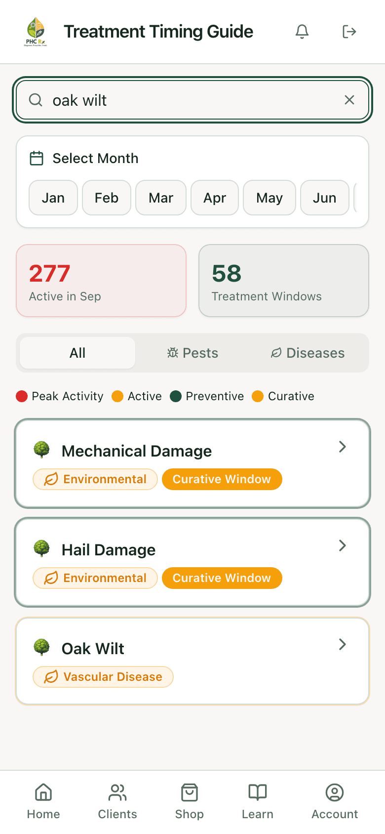 Treatment timing guide searched for oak wilt with 277 issues active in September, 58 treatment windows, and a legend for peak activity, active, preventive, and curative