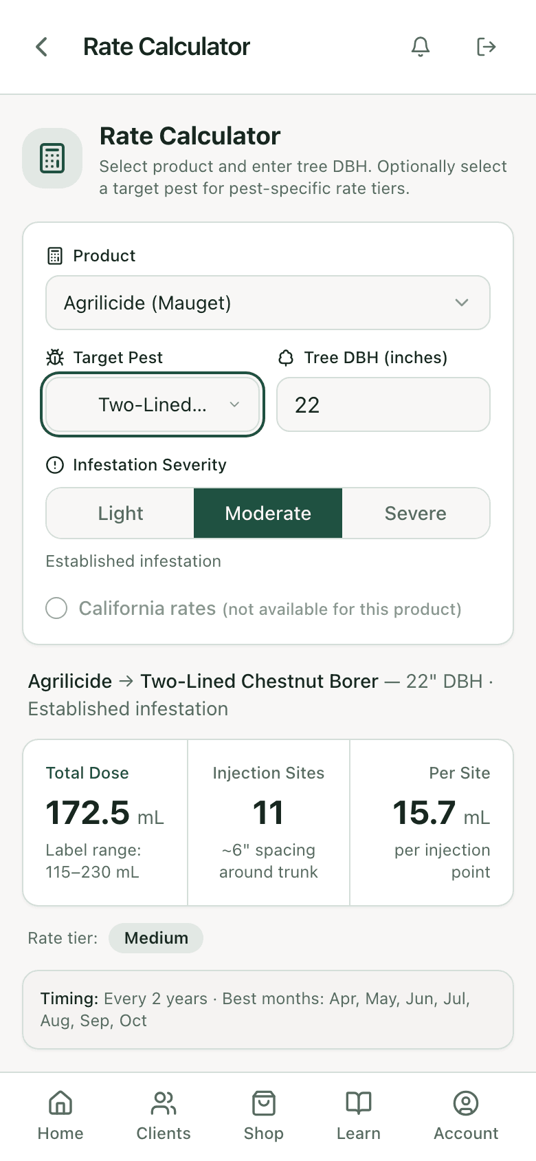 PHC Rx rate calculator: Agrilicide on a 22 inch northern red oak for two-lined chestnut borer, total dose, capsule count, and label range