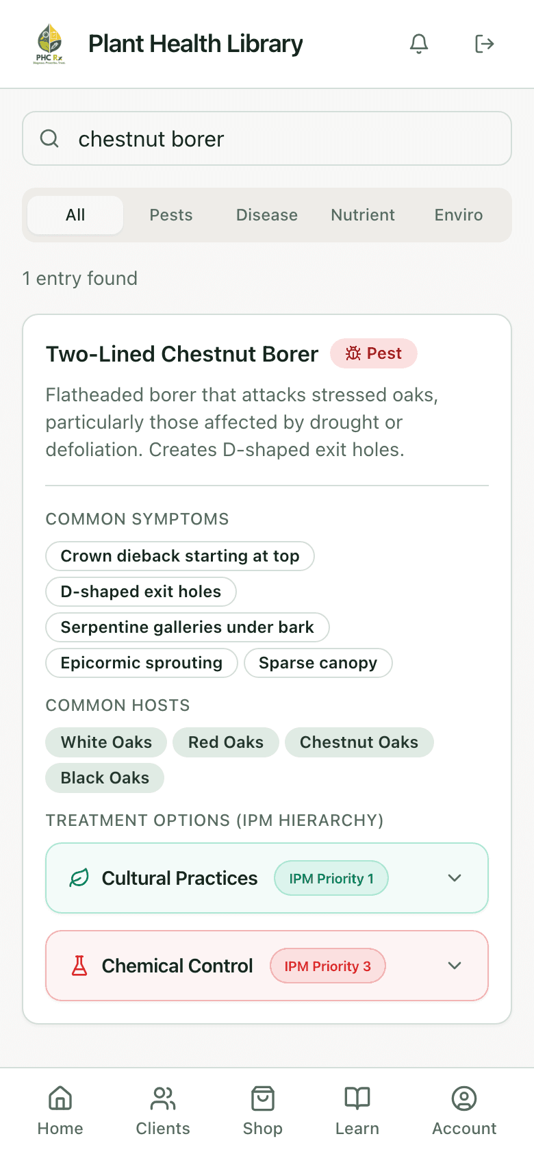 PHC Rx plant health library entry for two-lined chestnut borer: description, common symptoms, common hosts, and treatment options